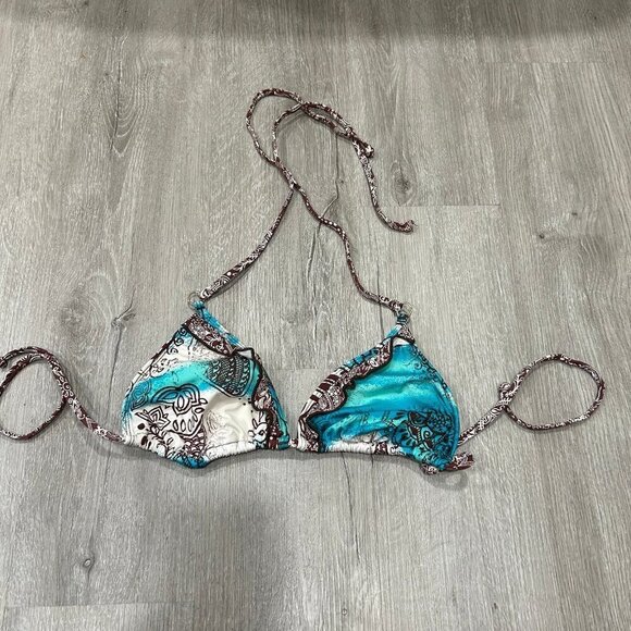 Split Blue White Brown Pattern Paisley Bikini Top Women's Size Large - Picture 1 of 4